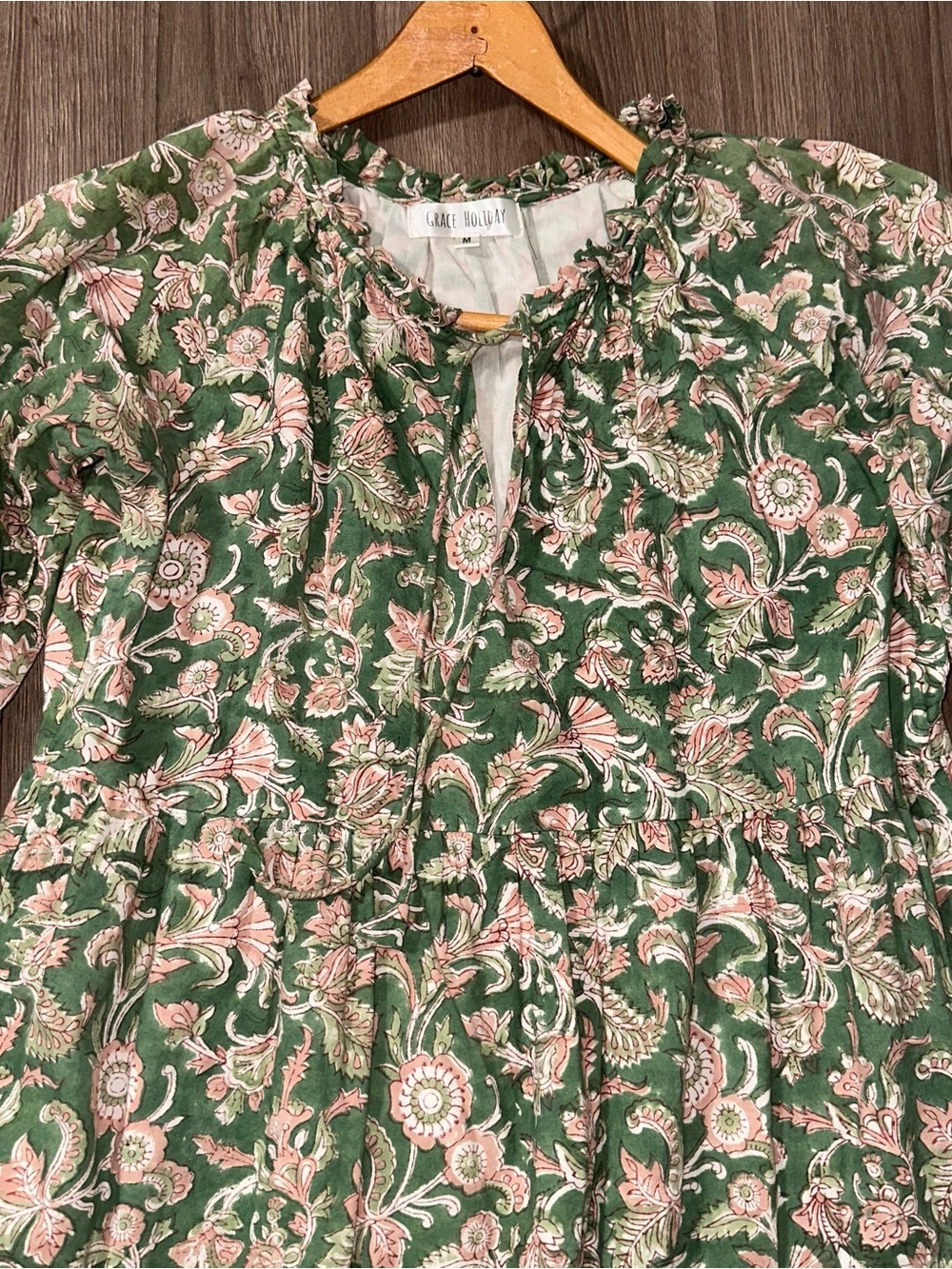 Grace Holiday Cotton Dress Botanical Floral Green Fully Lined Mini - Picture 3 of 6